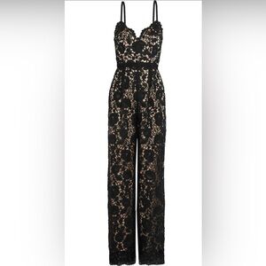 Catherine Deane Lace Cami-Strap Jumpsuit, Black/Almond | size 6